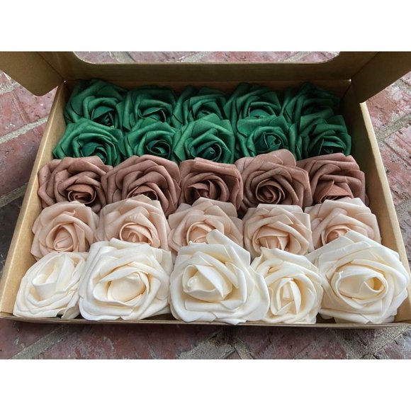 25 count Emerald Green Warm Taupe Champagne Nude Roses Bouquet Flowers Enchanted - Picture 1 of 4